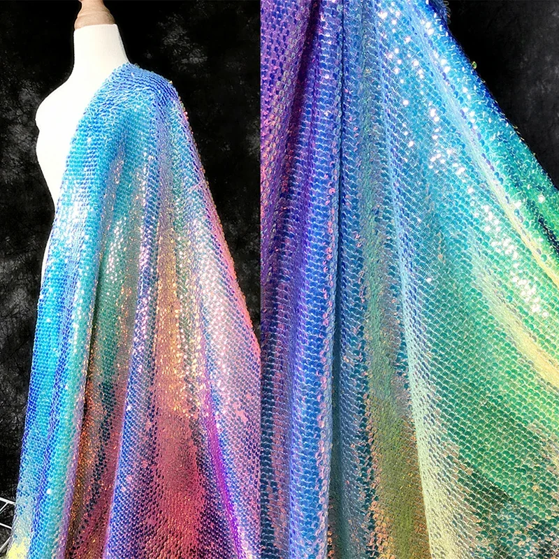 Gradient Rainbow Sequin Fish Scale Fabric Dress Suit DIY Sewing Craft Clothing Supplies 130cm Width