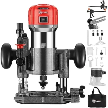 Compact Wood Router Combo Tool 800W 110V with 6 Speeds Fixed Base Plunge Router Woodworking Trimmer Router Kit with Accessories 1