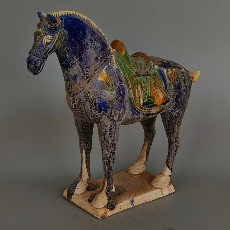 Tang Sancai Blue Glazed War Horse Home Decor Ancient Porcelain Imitation Unearthed Museum Decoration Sculptures Figurines