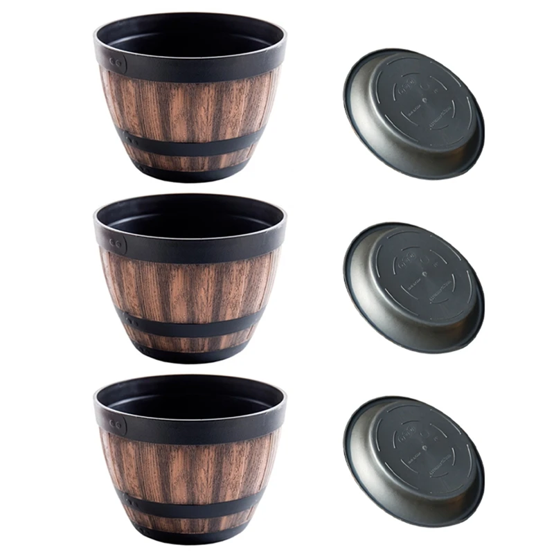 

Flower Pots, Whiskey Barrel Flower Pots, Plastic Flower Pots Imitation Wine Barrel Design,For Garden Plants(3PCS)