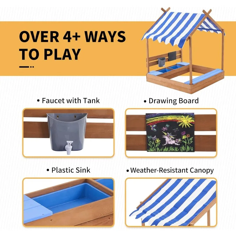 1Pc 49In Large Wooden Sand Box with Liner Drawing Board Sink House Design Sand Boxes for Backyard Garden Beach for Beach Outdoor 4