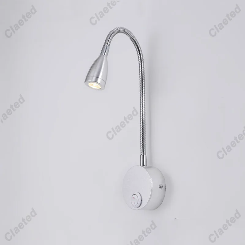 LED 벽 램프 구즈넥 홈 호텔 로프트 침대 옆 독서등, 블랙 실버 유연한 ON/OFF 스위치, 90-260V 스폿 LED 전구, 1W, 3W