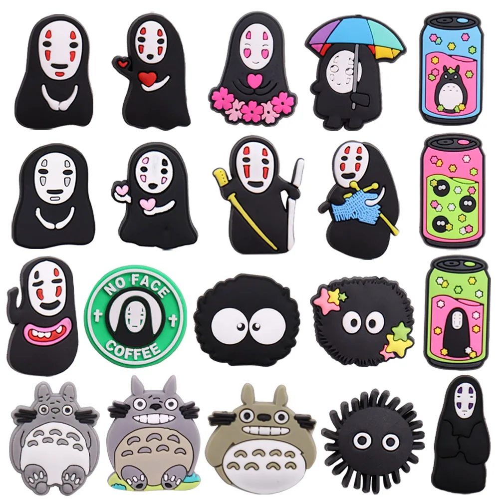 

Wholesale 50Pcs Anime Black Elf No Face Man Totoro Japanese Cat PVC Shoe Charms Buckle Decorations Fit Wristbands Croc Jibz