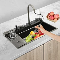 Multifunctional 304 Stainless Steel Kitchen Sink Set, Digital Display Single Bowl Washbasin with 2 Multi-function Faucet 2