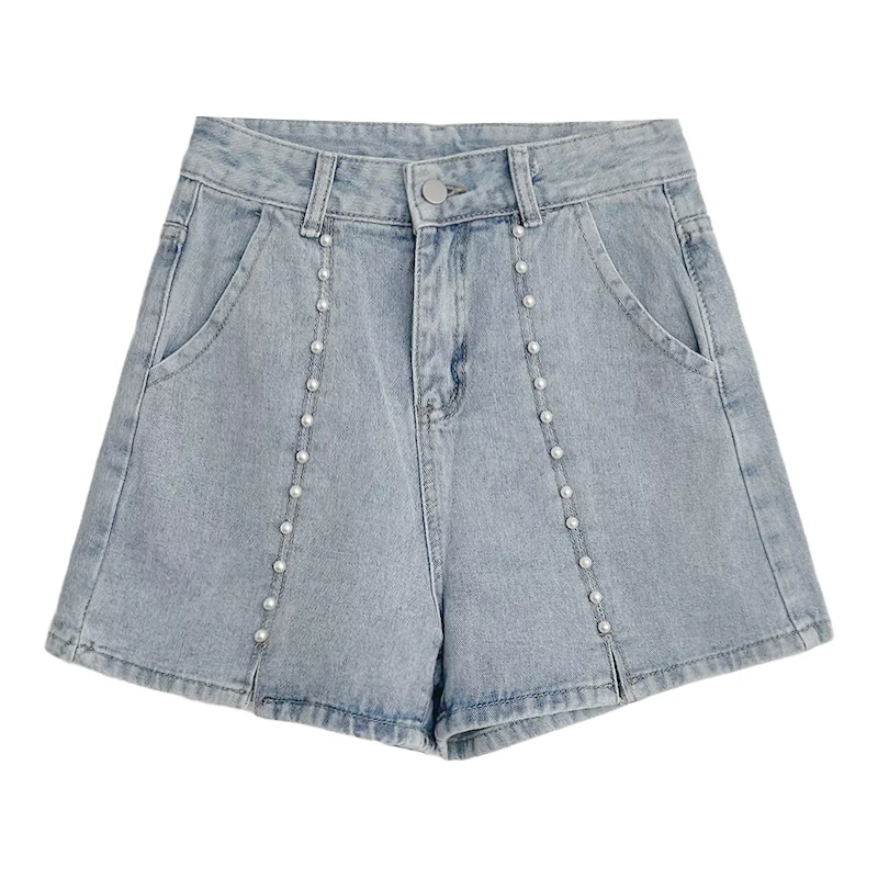

Pearl Vintage Wash Light Blue High Waist Loose Wide Leg Denim Shorts