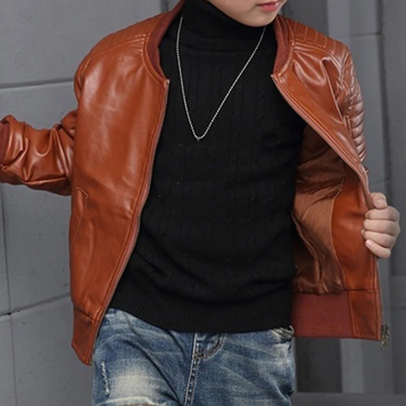 Boys Coats Autumn Winter Fashion Korean Children's Plus Velvet Warming Cotton PU Leather Jacket For 3-8Y Kids Jacket Outerwear - 5