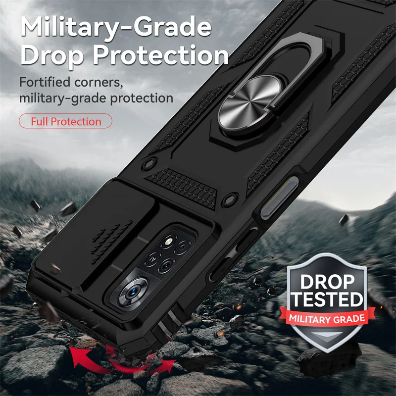 Enhanced Armor Case with Slide Window Lens Protector and Magnetic Holder Ring for Xiaomi Poco X4 Pro 5G