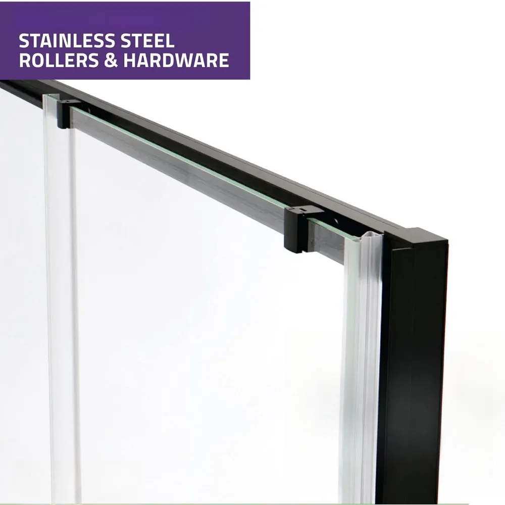Framed Shower Door in Matte Black, Halberd Water Repellent Glass Shower Door with Seal Strip Parts, Easy Glide Rollers Sliding 4