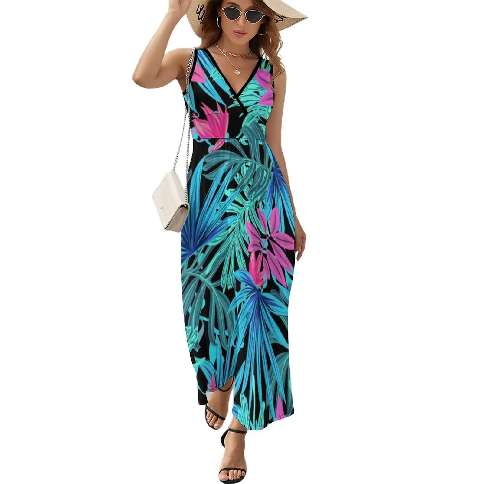 

Neon Summer Tropical Leaves Pattern Sleeveless Dress dresses for special events women's luxury party dress