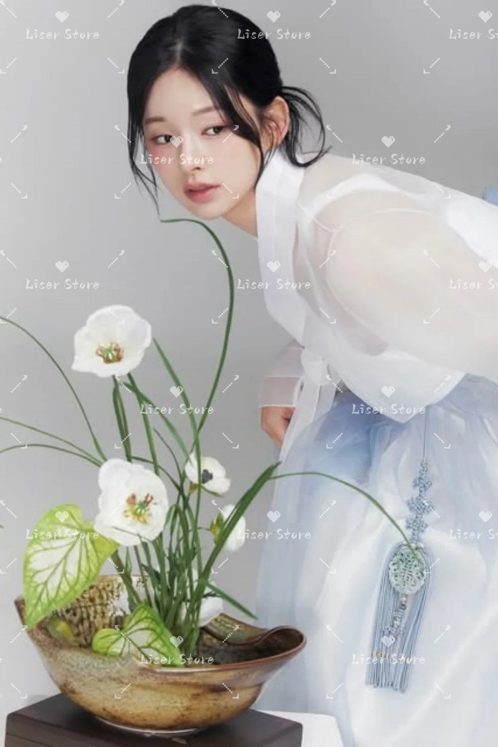 Liser Customized Dreamy Hanbok Women White Sheer Top Blue Grey Flowy Skirt Korean Traditional Dress Wedding Photos Photography
