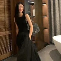 TKNOLEGE Summer New Round Neck SleevelessHigh Waist Temperament Female Fashion Style Dress Simple Elegant Black Long Dresses 3