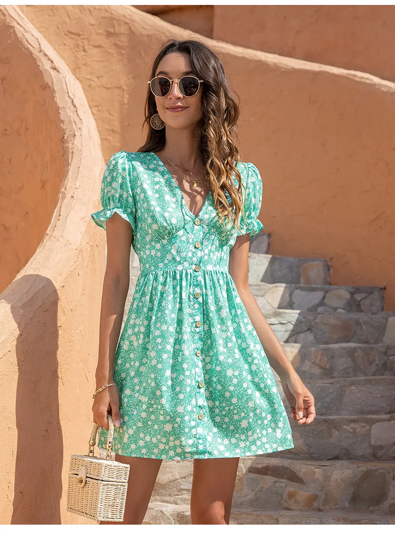 summer women puff sleeve floral mini dress casual print folds