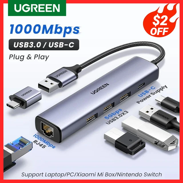 UGREEN Adaptateur Ethernet USB 1000/100Mbps USB3.0/USB2.0 HUB USB vers RJ45  USB Lan