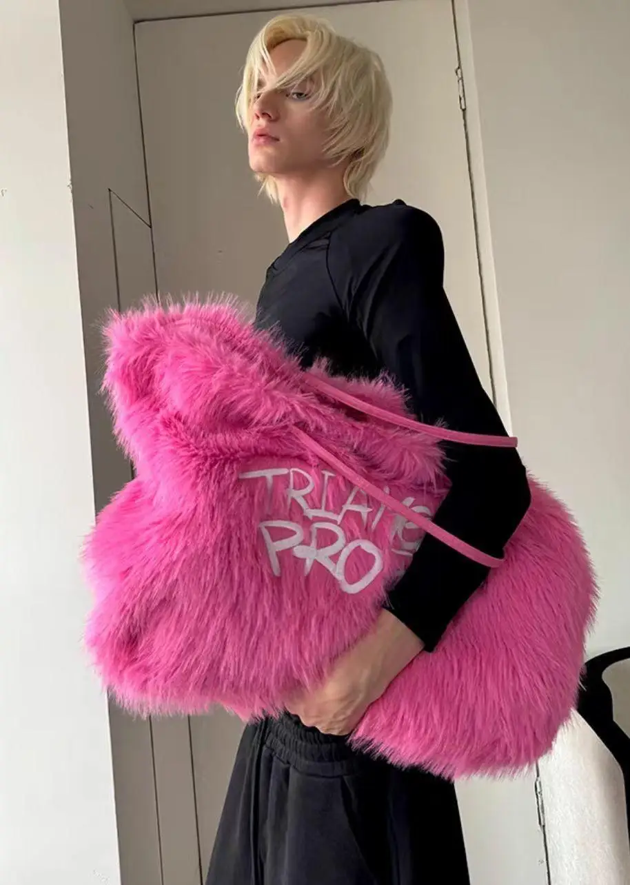 JIAERDI Plush Embroidered Pink Handbag Y2k Hot Girls Fur Chic Large Capacity Tote Bag Women Fairycore Aesthetic Shoulder Bags