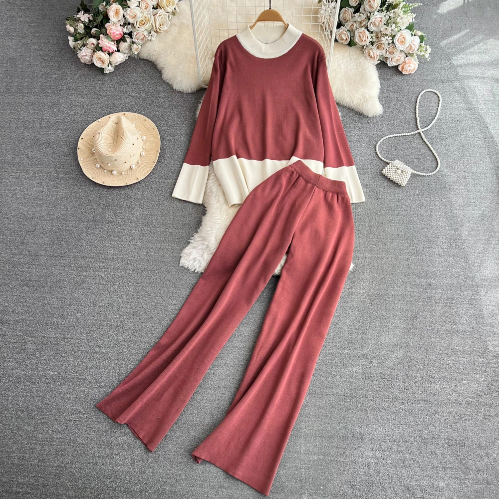 

Clothland Women Elegant Knitting Sweater Suit Long Sleeve Pullover Top Long Trousers Casual Two Piece Set TA100