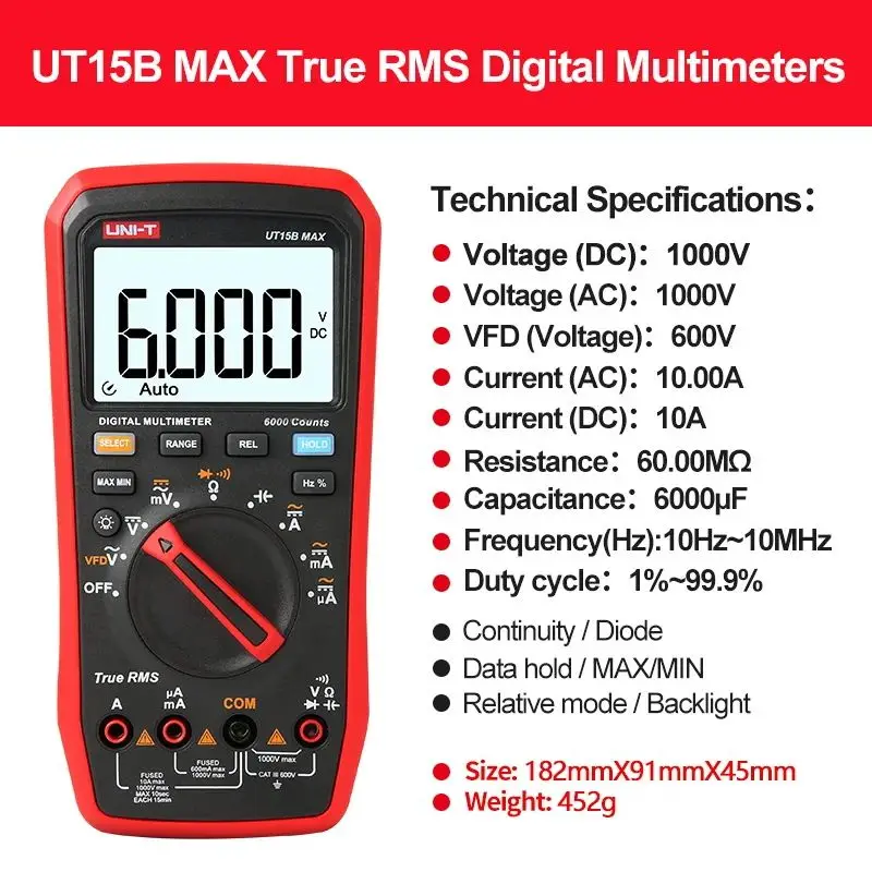 UNI-T UT15B+ UT17B+ UT18B+ 디지털 멀티미터 전문 AC DC 전압 테스터 전류계 주파수 측정기 온도 다이오드 테스트
