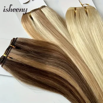 Extensioni di capelli umani biondi con riflessi, 12-22 pollici, doppia trama, 50g/bundel, per donna