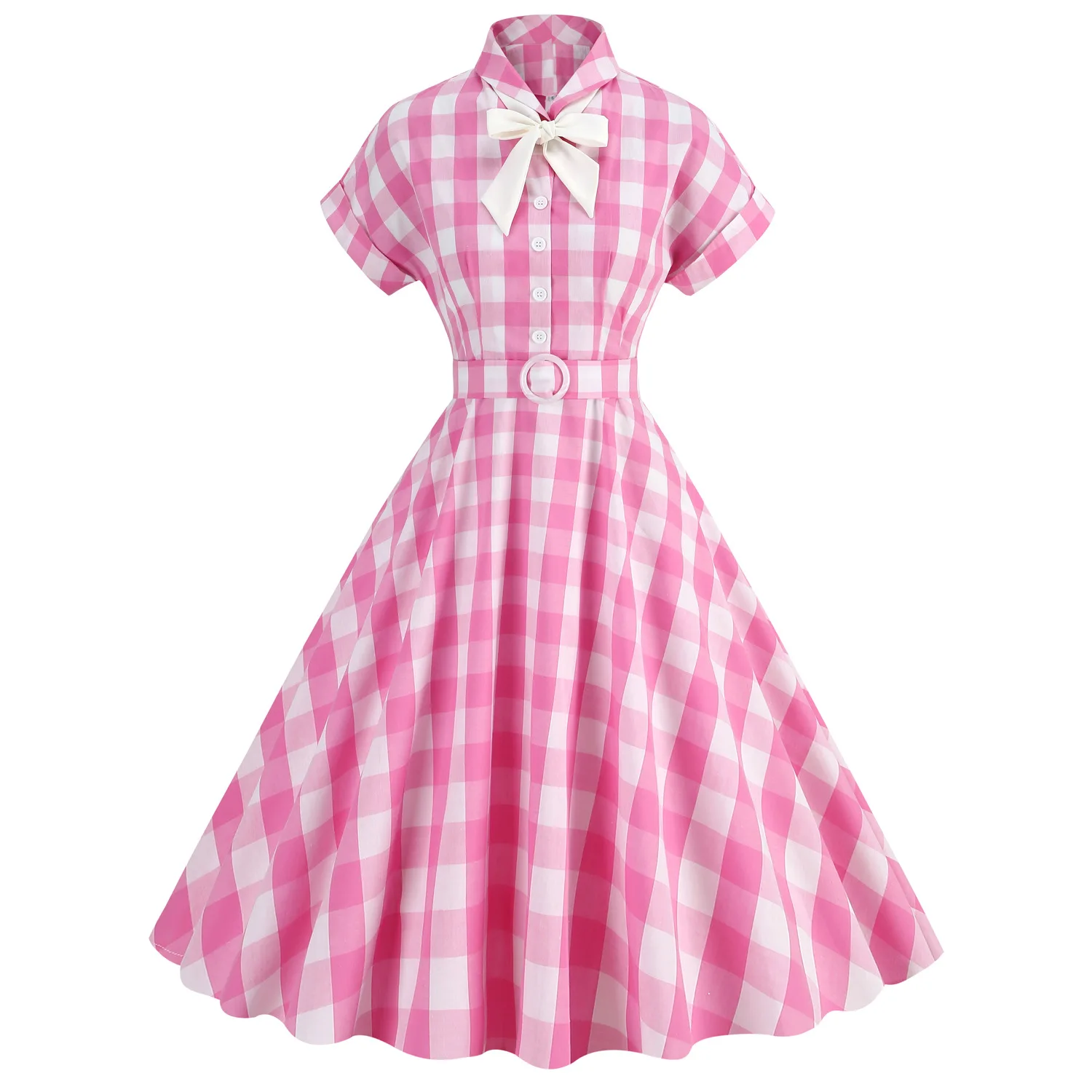 

SISHION Cotton Short Sleeve Turn Down Collar Plaid Pink Dress VD4173 Women Ladies 50s 60s Retro Vintage Birthday Party Dresses