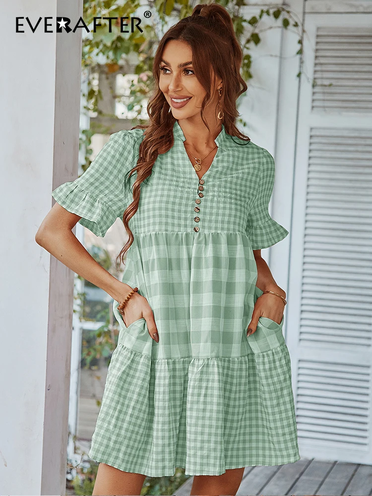 EVERAFTER Elegant Ladies Boho Dress Summer V-neck Short Sleeve Button Casual Loose Holiday Plaid Beach Female Mini |