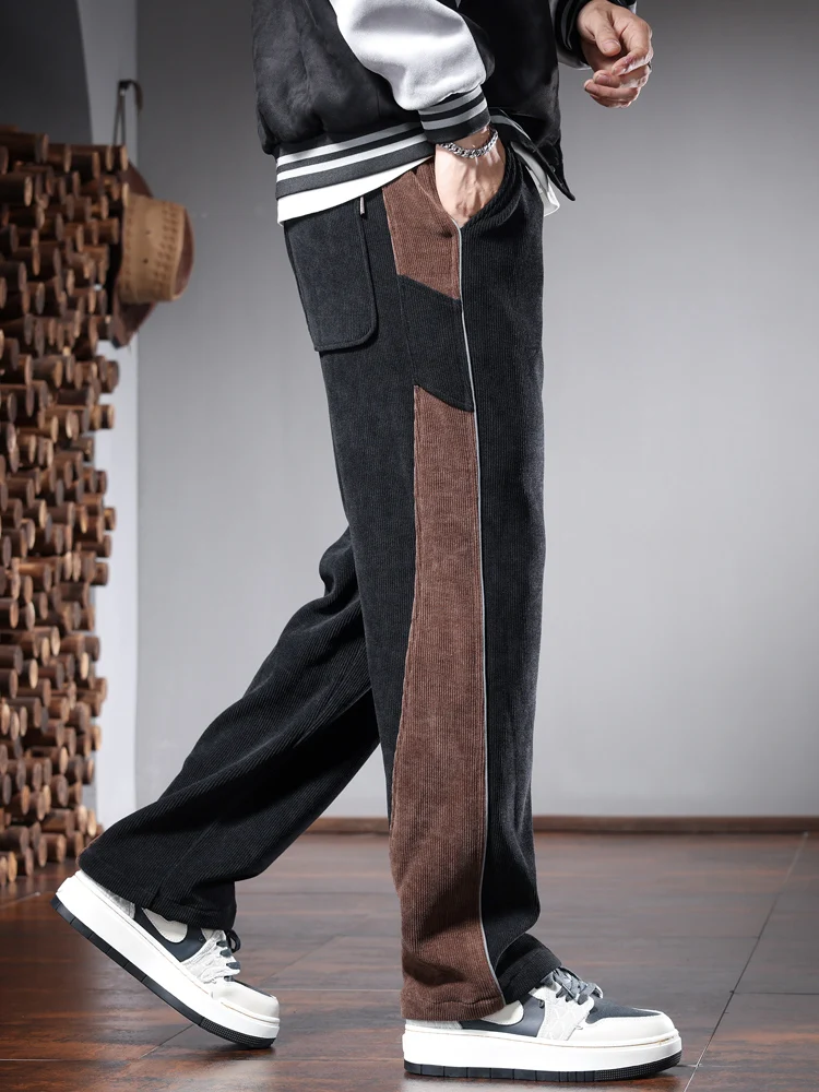 Baggy Straight Corduroy Pants Men Autumn Fashion Side Stripe Black Elastic Waist Drawstring Jogging Trousers