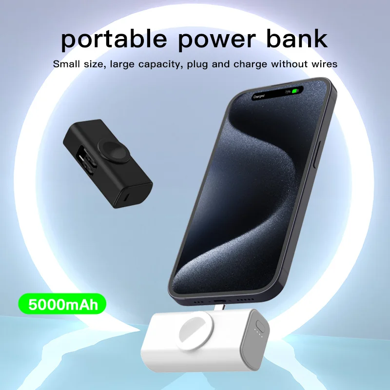 Bonola Mini Portable Power Bank 5000 mAh for iPhone/Android Dual Port Output Mobile Power with Wireless Charger for Apple Watch