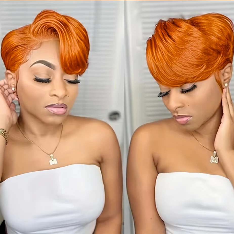 Pixie Cut Human Hair Wigs Orange Wig 13&times;1 T Part Lace Wig Ginger Short Human Hair Wigs 6inch 150% density