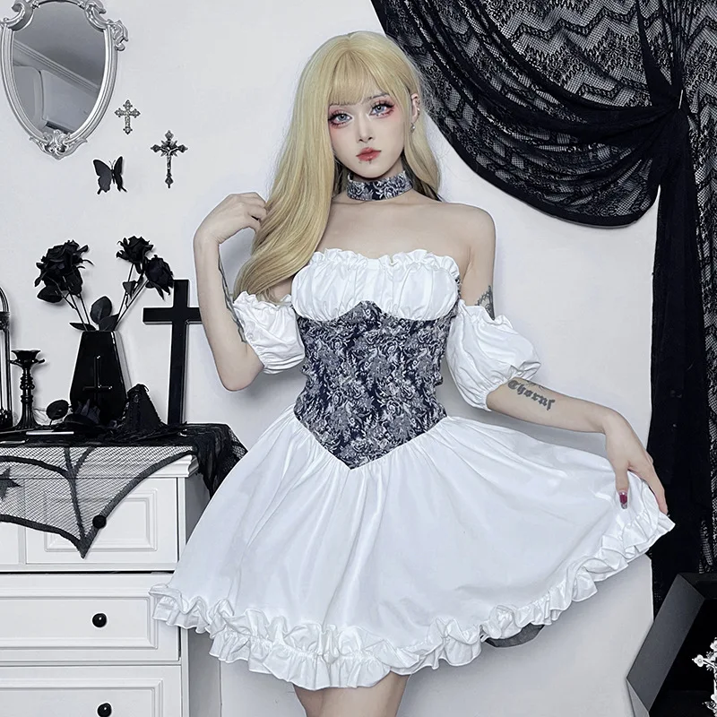 White Dress Goth Vintage Midi Skirts Backless Skims Dress Sexy Off