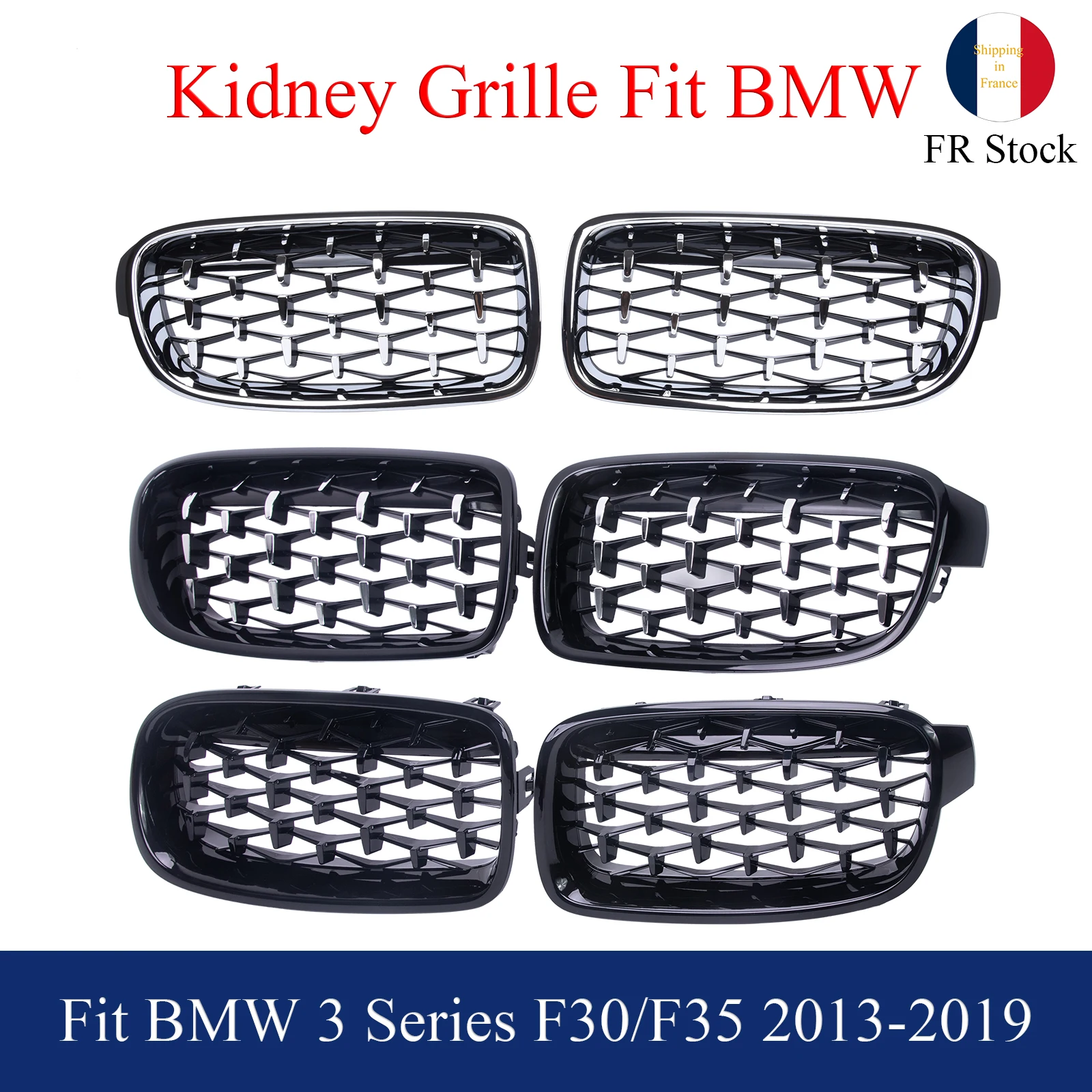 

Chrome Diamond Front Kidney Grill Gloss Black Fit BMW 3 Series F30 F31 2013 - 2019 325xi 320i 325i 325i 328i 330i