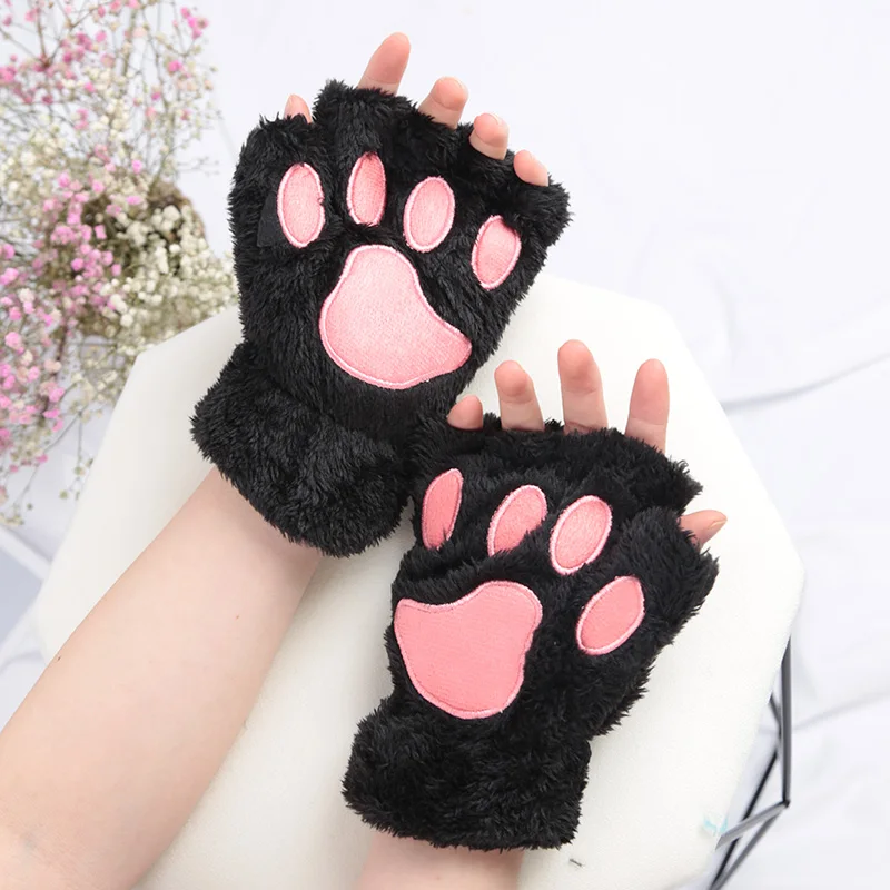 Women Cute Cat Claw Paw Gloves Plush Mittens Warm Soft Plush Short Fingerless Fluffy Bear Cat Gloves Gothic Lolita Accessories