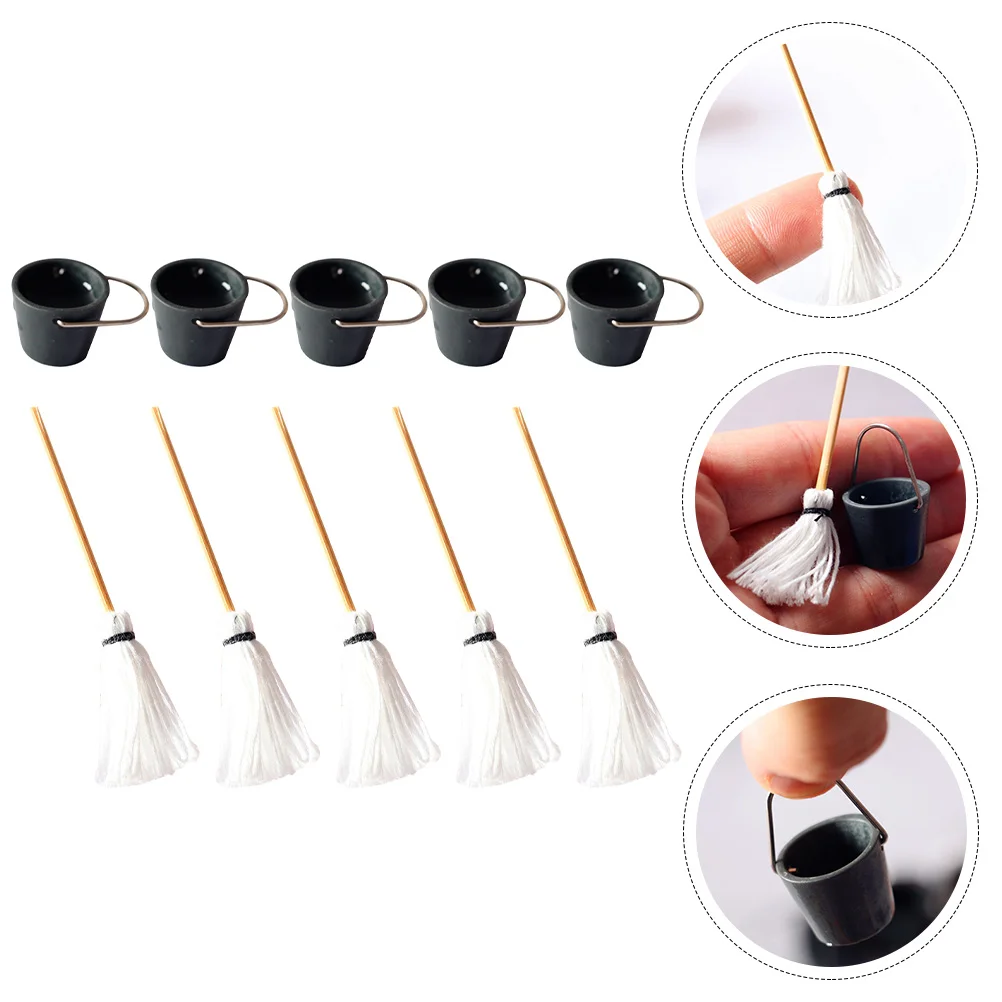 

5 Sets Dollhouse Bucket Mop Mini Ornaments Model Miniature Cleaning Tool Furniture Small Mops Buckets