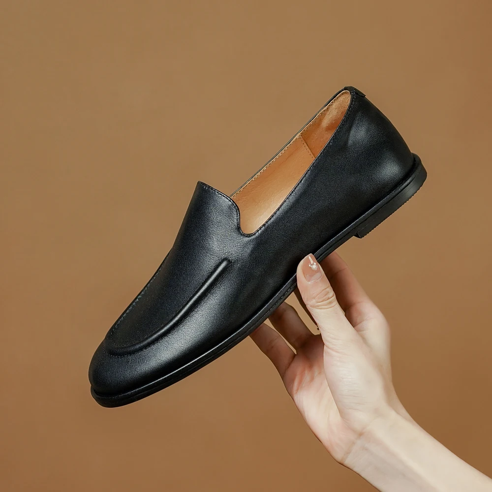 New Women Spring Summer Shoes Fashion Designer Leather Loafers Slip-On  Casual Flats Ladies Round Toes Luxury Short Heels Black