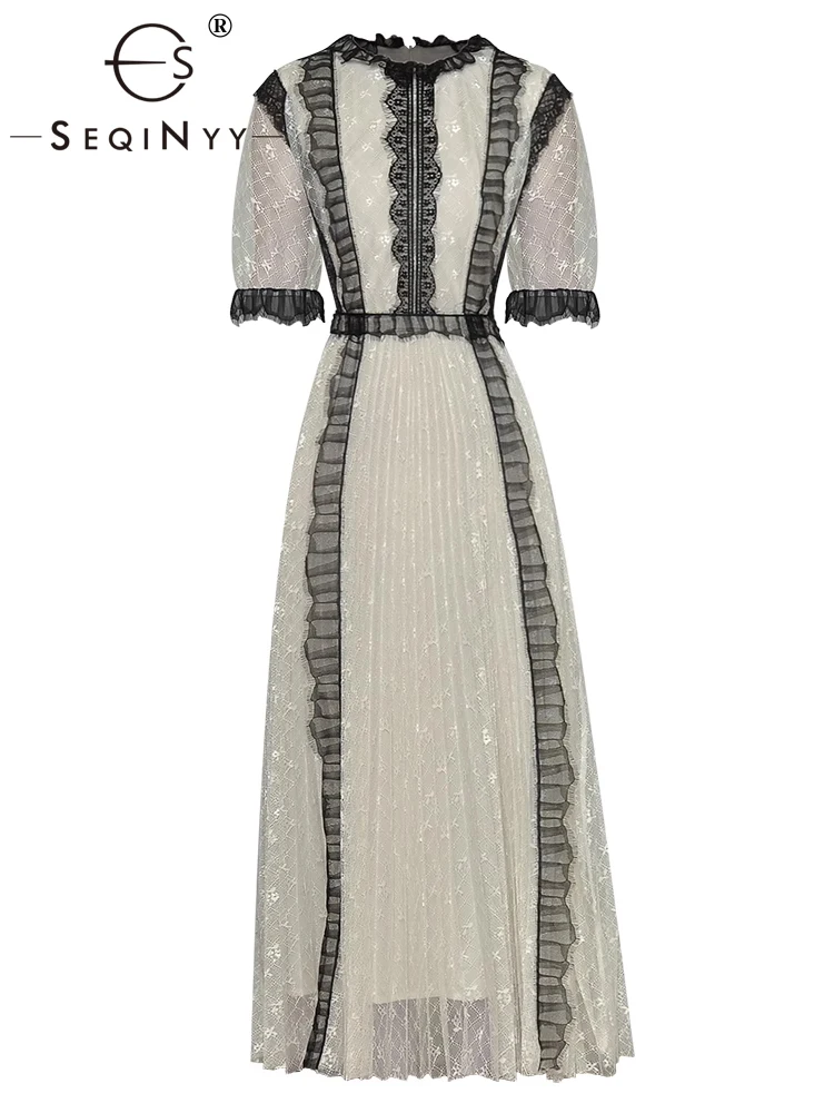 

SEQINYY Beige Lace Dress Summer Spring New Fashion Design Women Runway High Street Pleated Flower Hollow A-Line Elegant Casual