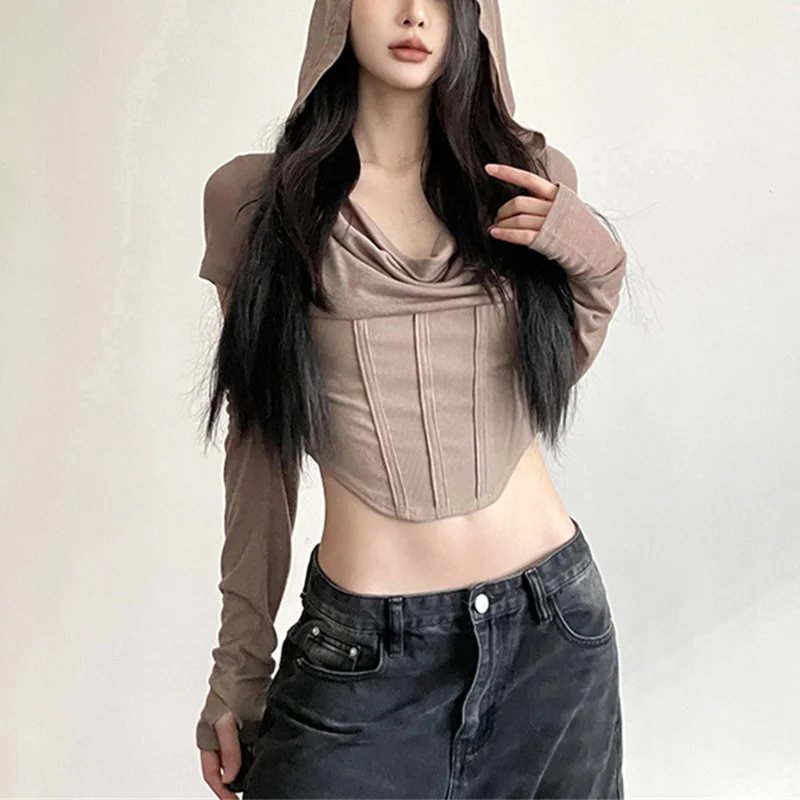 y2k Crop Top Women Punk Gothic Clothes Solid Color Long Sleeve Hooded T Shirt with Thumbhole Wasteland Tee Streetwear