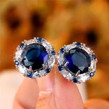 Luxury Female Small Blue Crystal Zircon Stud Earrings Fashion Snowflake Wedding Jewelry For Women