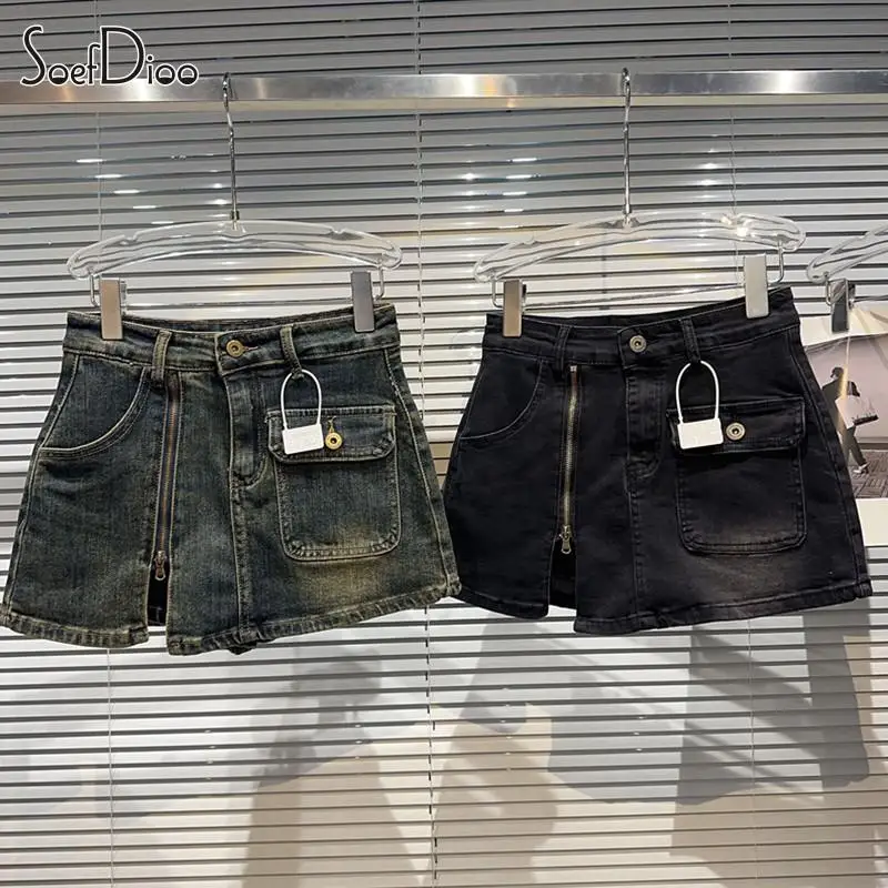 

Soefdioo Fashion Pockets High Waisted Zipper Front Bodycon Denim Shorts Skirts Women Autumn 2023 Y2K Bottoms Baddie Streetwear