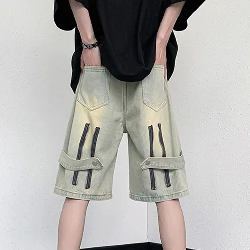American Retro Denim Pants Men Summer High Waist Straight Leg Cargo Shorts High Street Fashion Casual Basics Streetwear Male