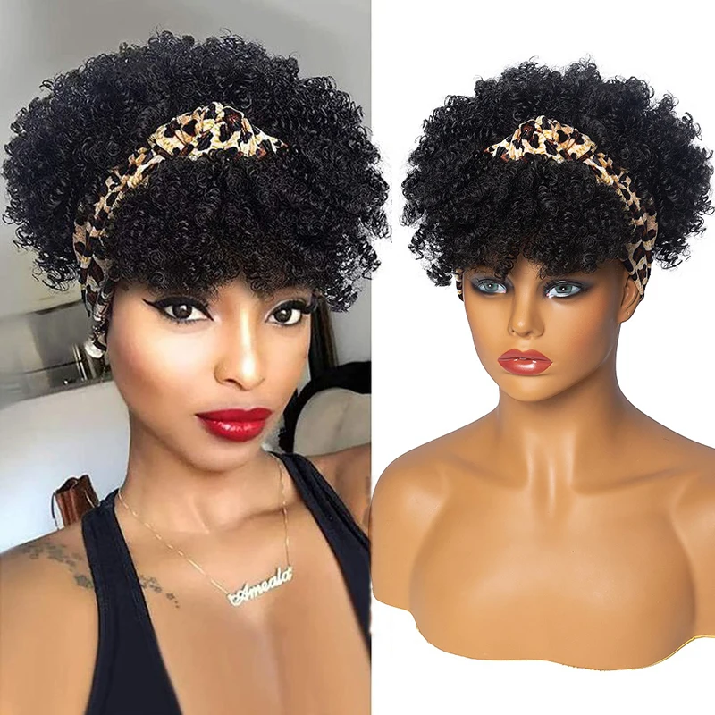 

Soft Kinky Curly Headband Wig Short Afro Kinky Curly Turban Wrap Wigs for Women 10'' Synthetic Afro Curly Wig with Scarf Cosplay
