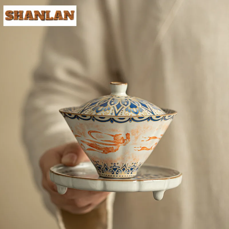 Ceramic Rubbings Flying Sky Gaiwan Zen Anti-scald Tea Tureen Tea Bowl With Lid Kit Brewing Cover Bowl Drinkware Craft Gift