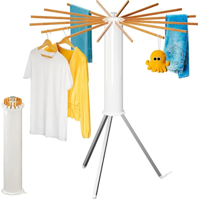 Cylinder Tripod Drying Rack, Octopus Drying Rack Clothing, Space Saving Master, 16 Expandable Rods, Solid Wood, Standing