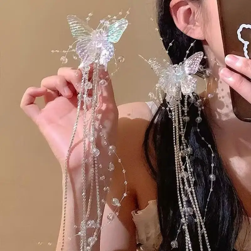【MAX-22】Lange Schmetterlings-Perlen-Quasten-Haarspange für Frauen, feenhaftes Temperament, süße Prinzessin, Haarnadel, Braut-Haarschmuck – Detail 4