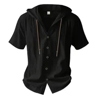 Chemise en coton et lin pour hommes, à capuche, manches courtes, couleur unie, respirante, légère, avec cordon de serrage, chemises décontractées, t-shirts basiques 2