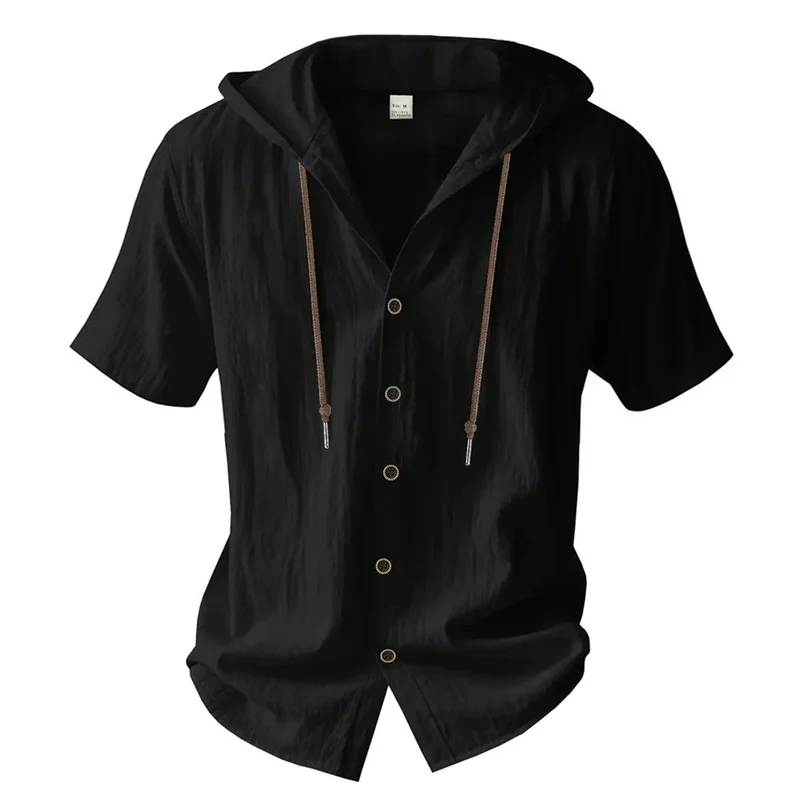 Cotton Linen Shirt Hooded Short Sleeve