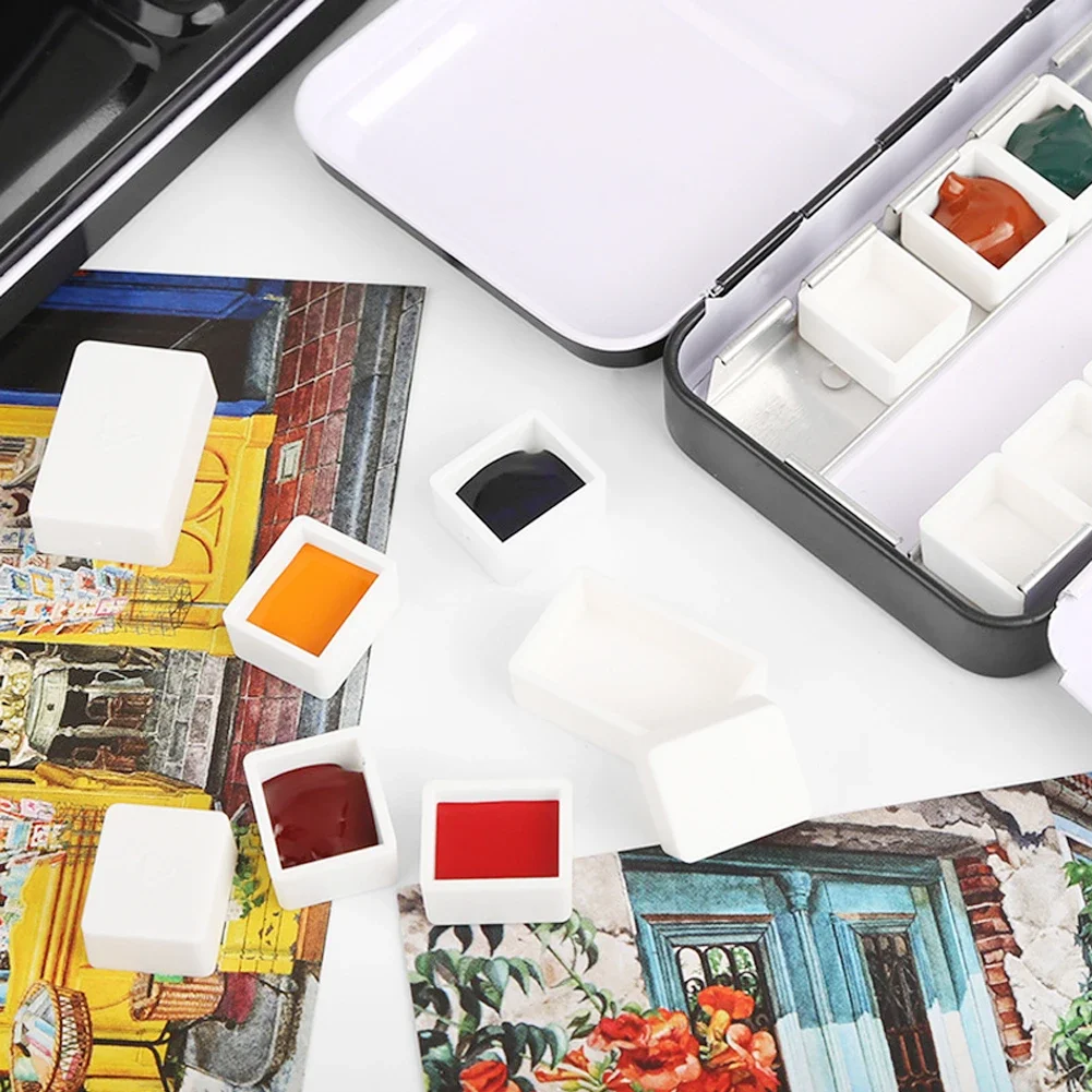 Watercolor Paint Pans Empty Full Half 6/12/14/24pcs White Plastic Artists Palette Art Supplies