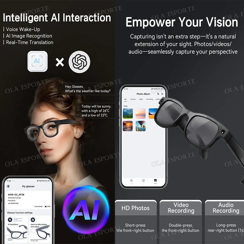 New HD AI Smart Glasses Photochromic Multifunction Bluetooth Call Voice Assistant Music Player Chat gpt Translate Camera Glasses