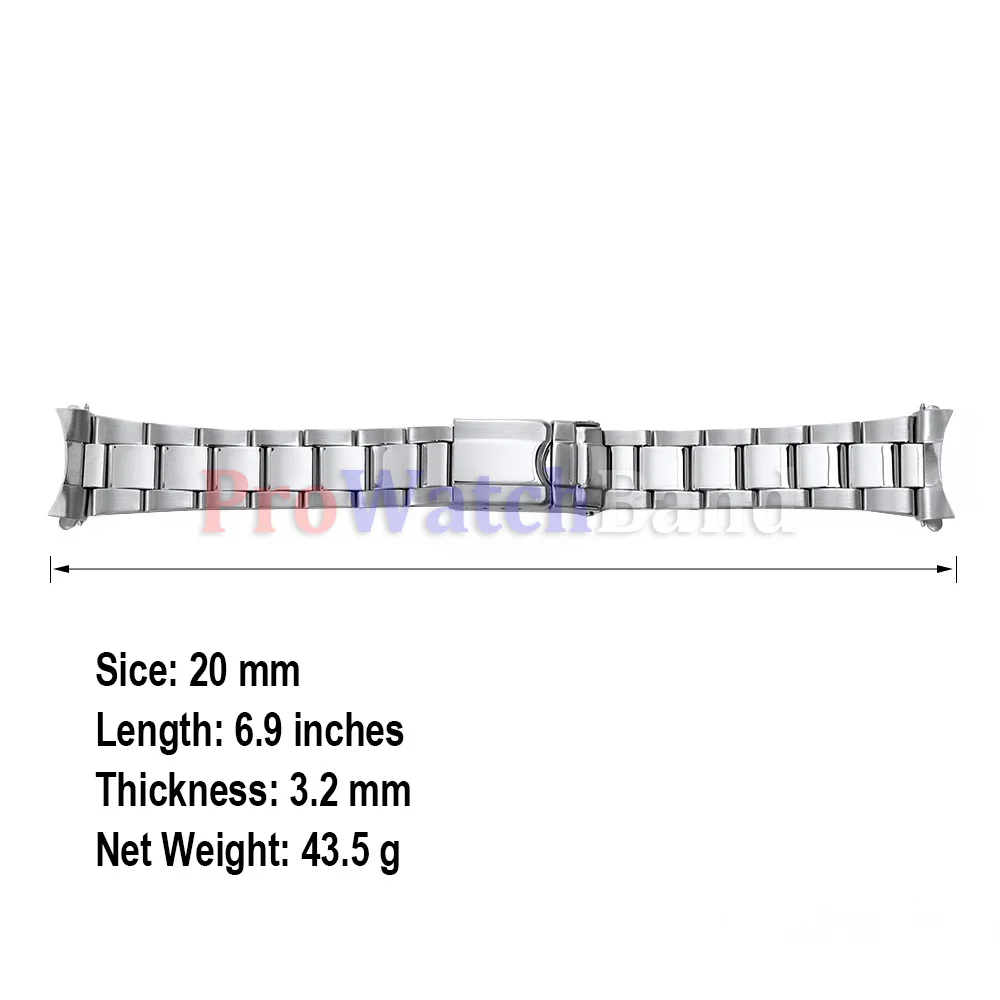 Men's Stainless Steel Curved End Sports Watch Strap with Universal Folding Buckle