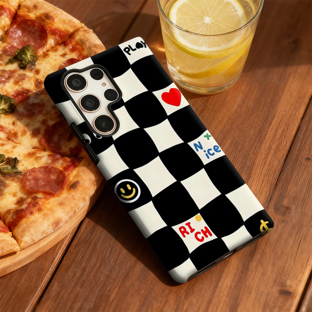 Checkerboard Shockproof Double Layer Phone Case with Cute Text Design