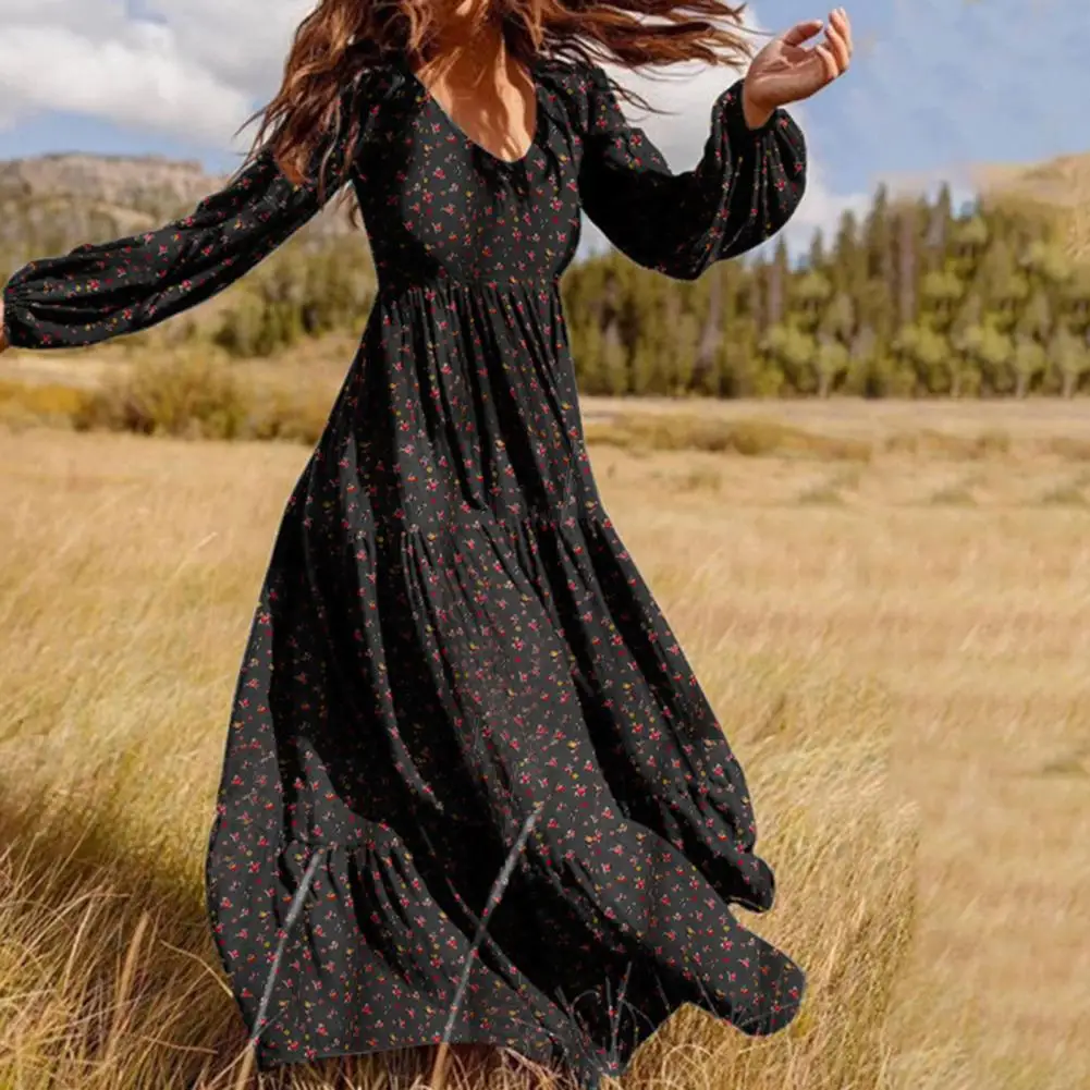 

Breathable Dress Ladies Maxi Dress Flower Print V Neck A-line Maxi Dress Loose Fit Lantern Sleeves Pleated Waist for Spring Fall