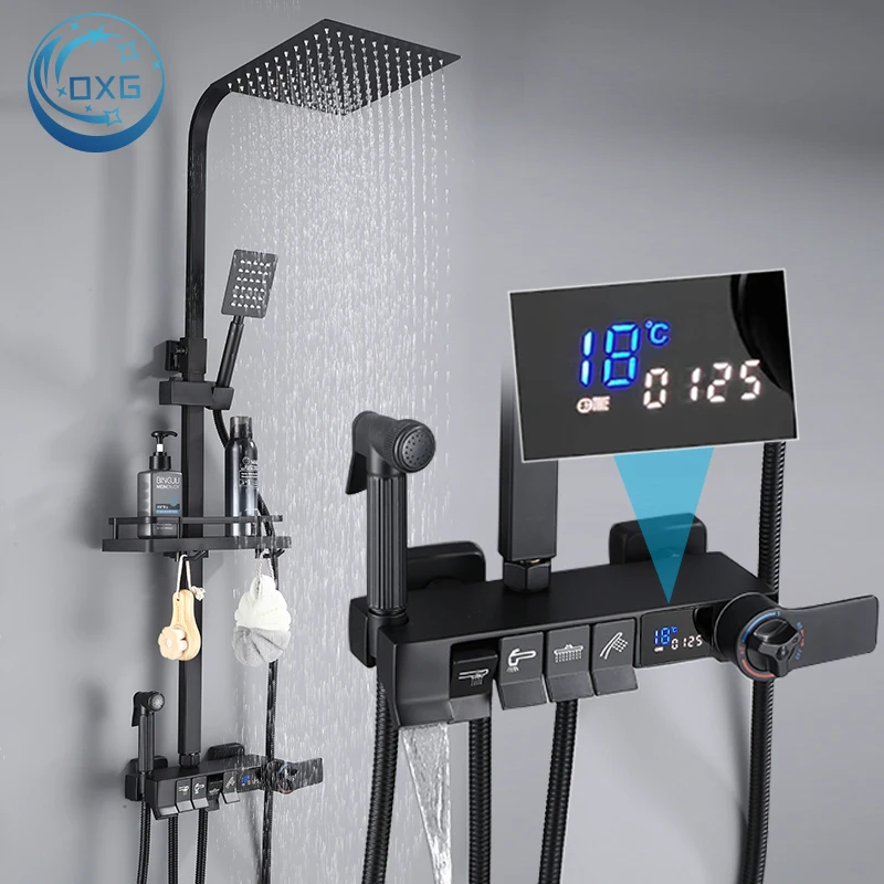 Description Picture 3 of itemOXG Brass Bathroom Shower Faucet Set Thermostatic Bathroom  Shower System Digital Display Rainfall Shower Set Waterfall Spout
