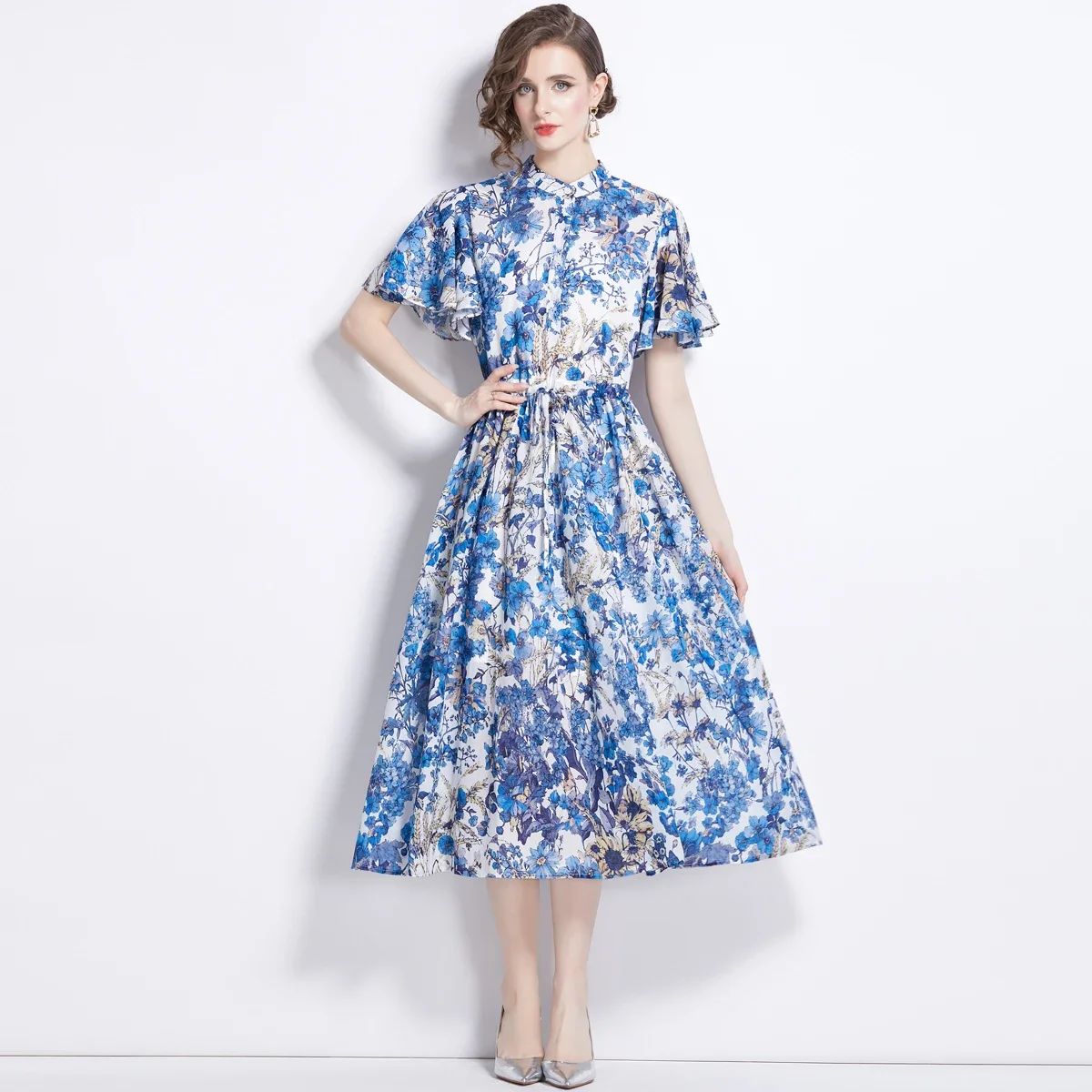 

2024 New Drawstring Cotton Flower Print Pattern Halter Two-piece Long Vintage Dress Women Clothing Robe Femme Été