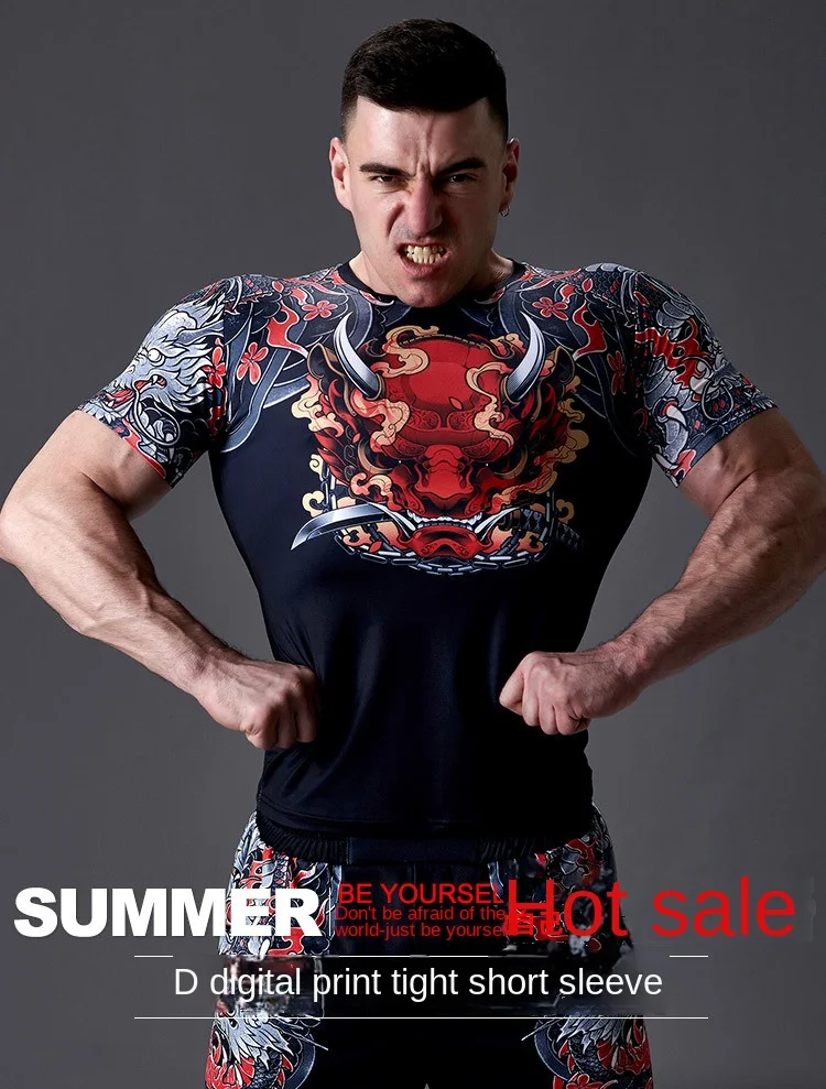 Schnell trocknendes Jiu-Jitsu RashGuard-Kurzarm-T-Shirt für Herren für Bodybuilding, Fitness, Training und Laufen, enges Sport-T-Shirt – Detail 1